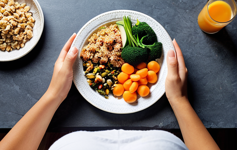 **Image of a person mindfully eating a meal, focusing on the textures and flavors of fresh, whole foods. The setting should be a calm and uncluttered environment, emphasizing the concept of conscious eating and a healthy relationship with food for diabetes management.** (Keywords: mindful eating, diabetes, healthy food, whole foods, calm environment, conscious diet)