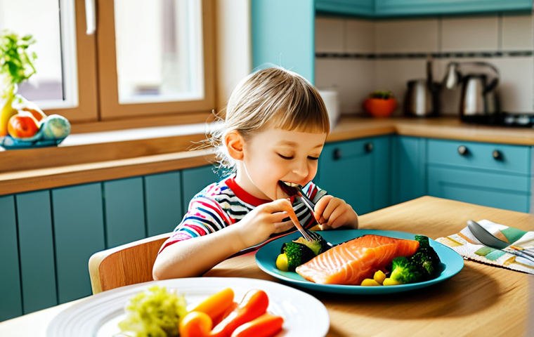 Focus on DHA**

"A bright and colorful image showcasing a child happily eating a plate of salmon with vegetables, fully clothed, in a sunny kitchen. The scene emphasizes healthy eating habits and the importance of omega-3 for brain development. Safe for work, appropriate content, family-friendly, professional photography, perfect anatomy, natural proportions."

**