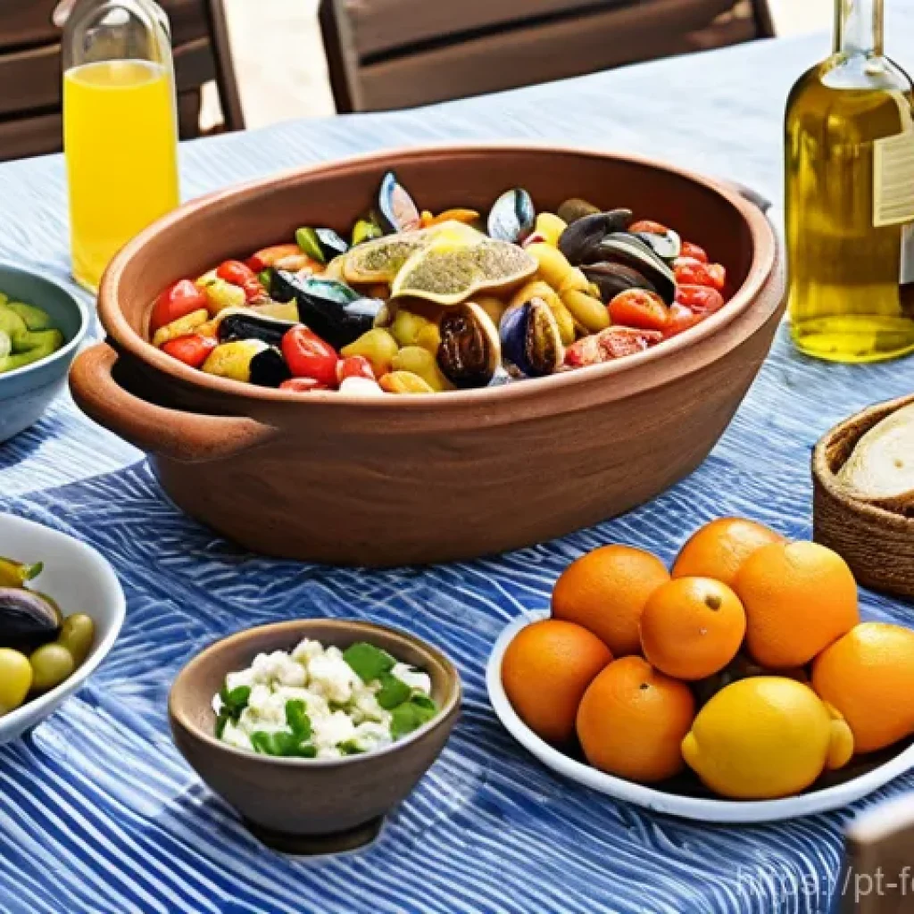 지중해식 식단과 건강 효과 - **Vibrant Mediterranean Family Feast:**
    A beautifully arranged outdoor dining table on a sunny t...