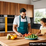 Home 13 식사 환경과 식습관 변화 - A warm, inviting family kitchen scene in a modern Brazilian home, with natural light flooding the sp...