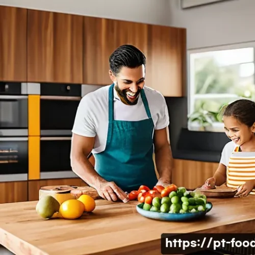 Home 7 식사 환경과 식습관 변화 - A warm, inviting family kitchen scene in a modern Brazilian home, with natural light flooding the sp...