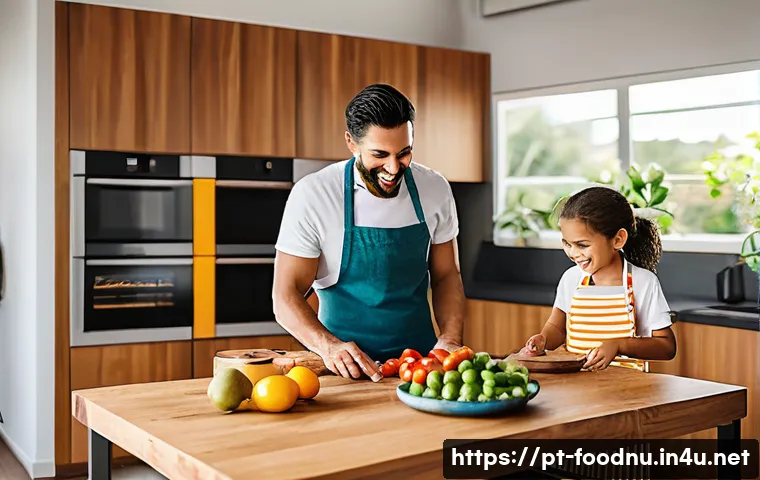 식사 환경과 식습관 변화 - A warm, inviting family kitchen scene in a modern Brazilian home, with natural light flooding the sp...