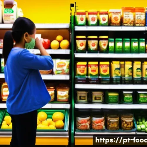 Home 32 식품첨가물과 건강 - A vibrant supermarket aisle scene in Brazil, filled with a variety of packaged foods prominently dis...