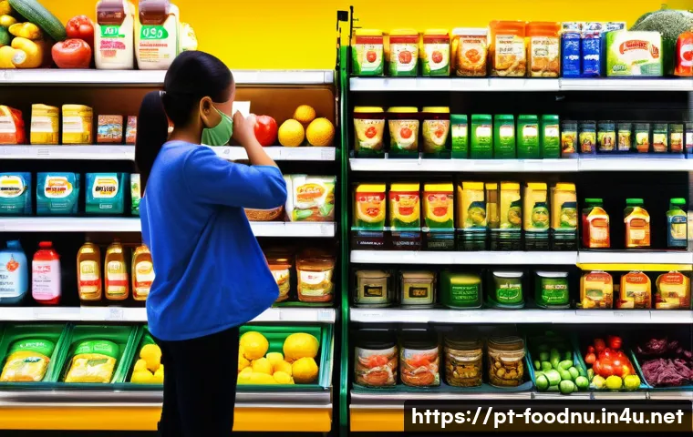 식품첨가물과 건강 - A vibrant supermarket aisle scene in Brazil, filled with a variety of packaged foods prominently dis...