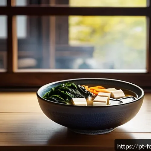 Home 31 된장과 항암 효과 - A warm, inviting traditional Japanese kitchen scene featuring a steaming bowl of miso soup with tofu...