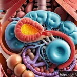 Home 23 단백질 흡수 과정 - A detailed scientific illustration of the human digestive system focusing on protein digestion: show...