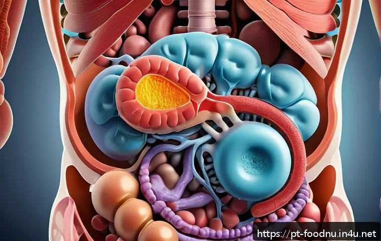 단백질 흡수 과정 - A detailed scientific illustration of the human digestive system focusing on protein digestion: show...