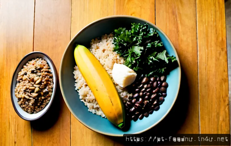 식품과 영양소 - Photorealistic overhead still life of nutritious Brazilian foods arranged neatly on a warm wooden ki...