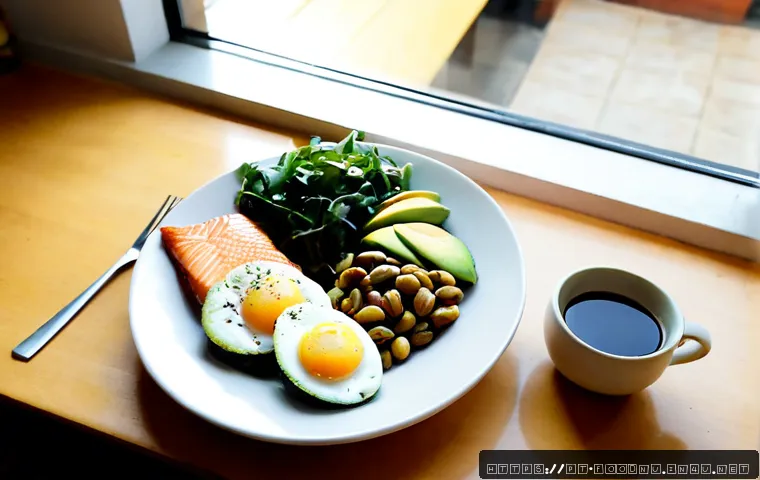 고지방 식단의 장단점 - Photorealistic overhead kitchen-table comparison of a high-fat meal’s potential benefits: grilled sa...
