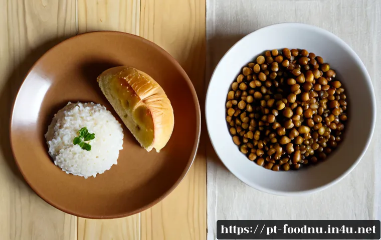 Home 17 탄수화물과 혈당 지수 - Photorealistic overhead kitchen table comparison of common Portuguese carbohydrate foods arranged ne...