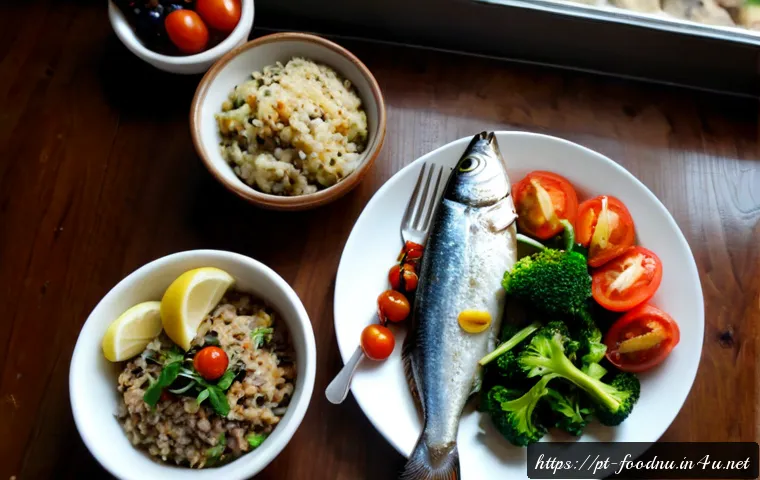 간 건강을 위한 식단 - Photorealistic overhead view of a liver-friendly Portuguese-inspired meal on a rustic wooden table: ...